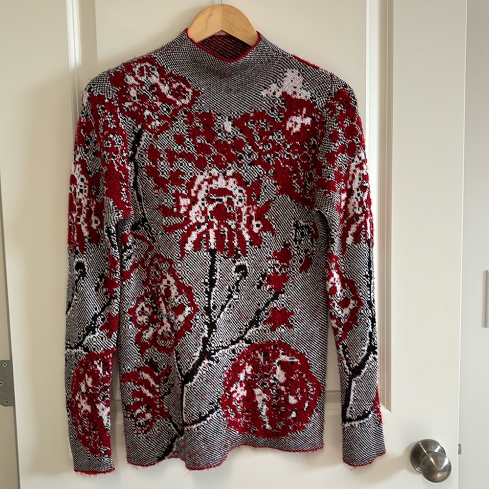 Avec Mock Neck Knit Sweater Women's M Floral Red Multi Long Sleeve